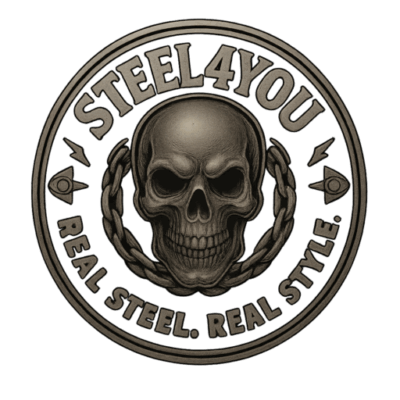 STEEL4YOU Logo – Totenkopf mit Kette und Slogan "Real Steel. Real Style."